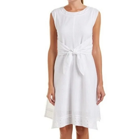 CAbi Lizzie Sleeveless Eyelet Lace Fit & Flare Dress in White - Picture 5 of 5